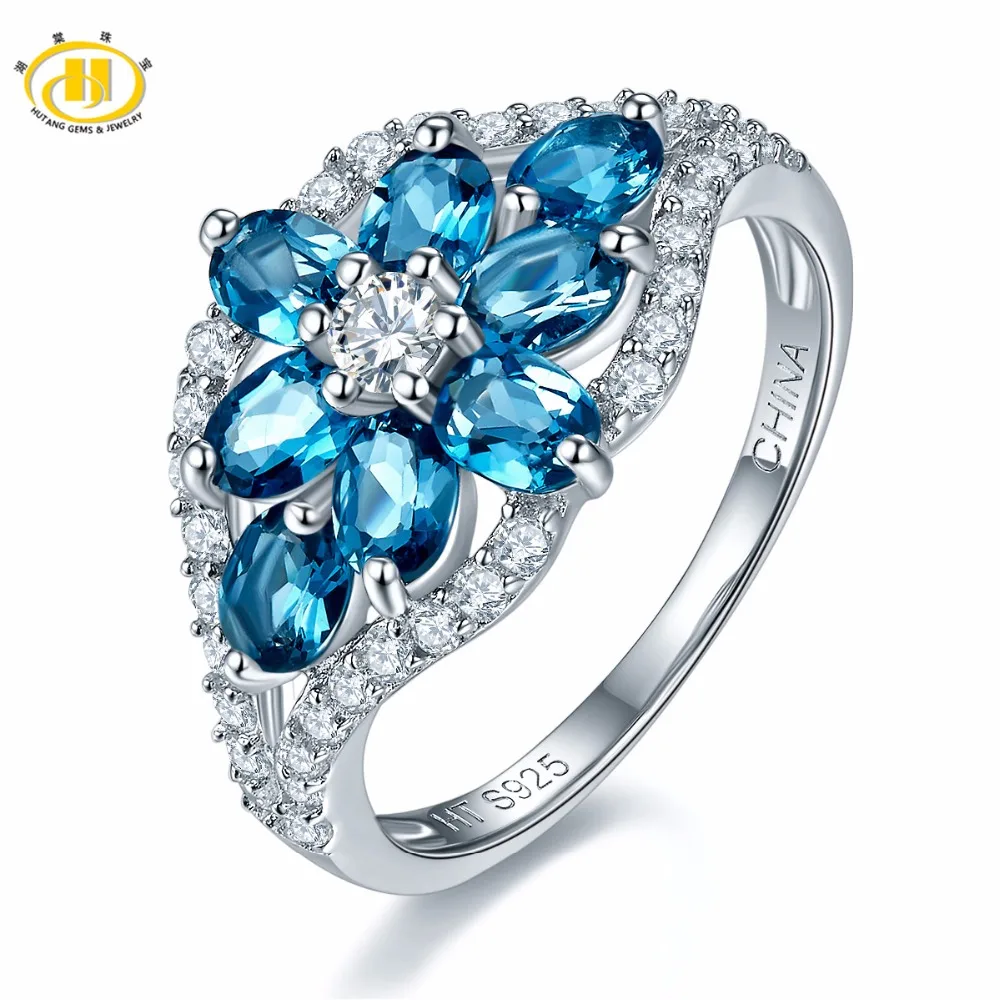 

Hutang Natural London Blue Topaz Flower Ring Solid 925 Sterling Silver Gemstone Fine Jewelry Trendy Beautiful Design For Women