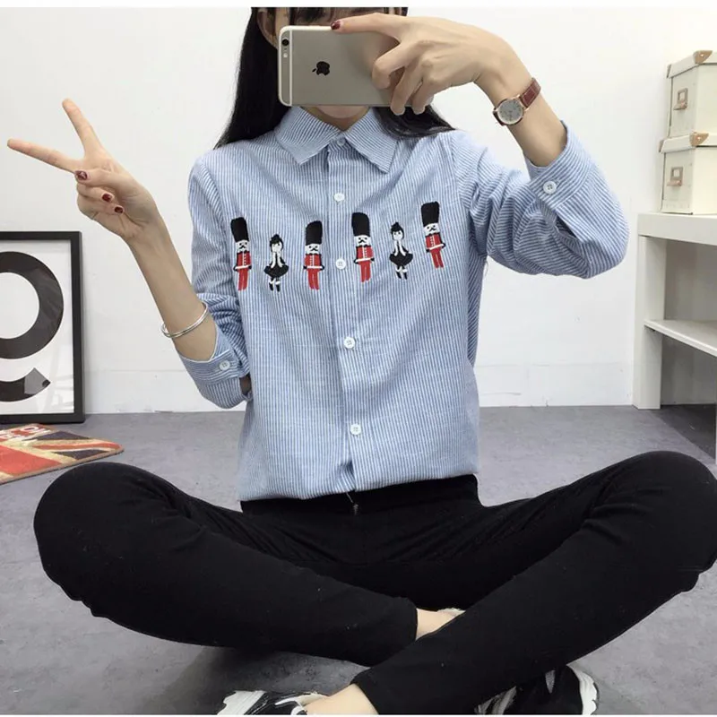 2016 New Spring and Autumn Womens Shirt Blouse Cat Embroidery Long Sleeve Women Shirts Casual Tops Size M-XL08
