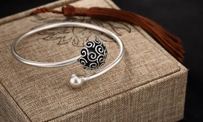 

JOOCHEER Sterling S990 990 silver Bangle ball shape vintage trendy bracelet size adjustable