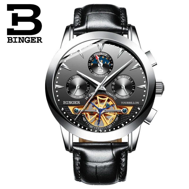 Модные мужские часы Tourbillon швейцарские автоматические BINGER механические с кожаным