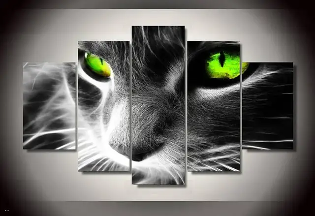 5 Sztuk Hd Wydrukowano Czarny Kot Zielone Oczy Wall Art Picture Home