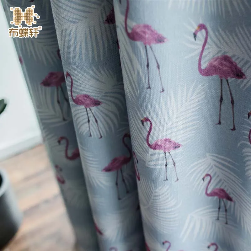 

2019 Nordic Style Red Flamingo Painting Blue Cloth Faux Cotton Linen Blackout Curtains for the Bedroom Children Room