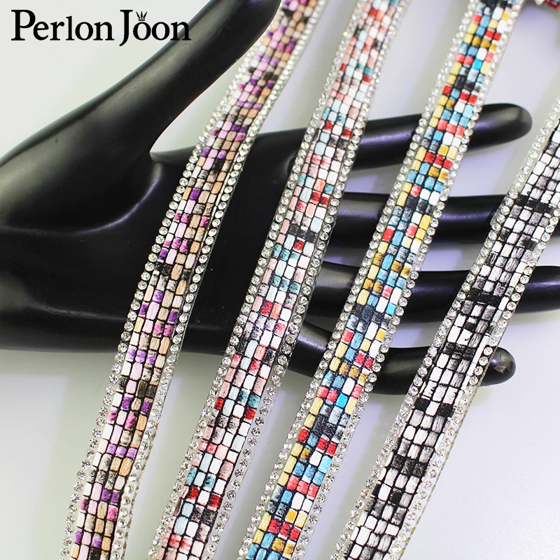 

1 yard DIY color grid printing Leather hot fix tape ribbon crystal rhinestone decoration iron on shoes clothing accessories TR35