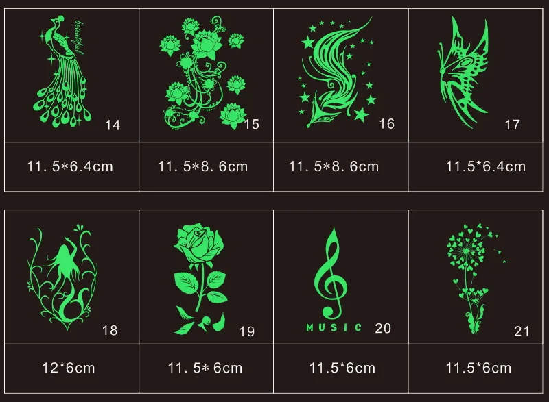1 шт., новинка, зеленый/синий, светится в темноте, вспышка, татуировки, наклейки, павлин, лиса, музыка, цветы, поддельные, флуоресцентные, для девушек, вечерние, на Хэллоуин