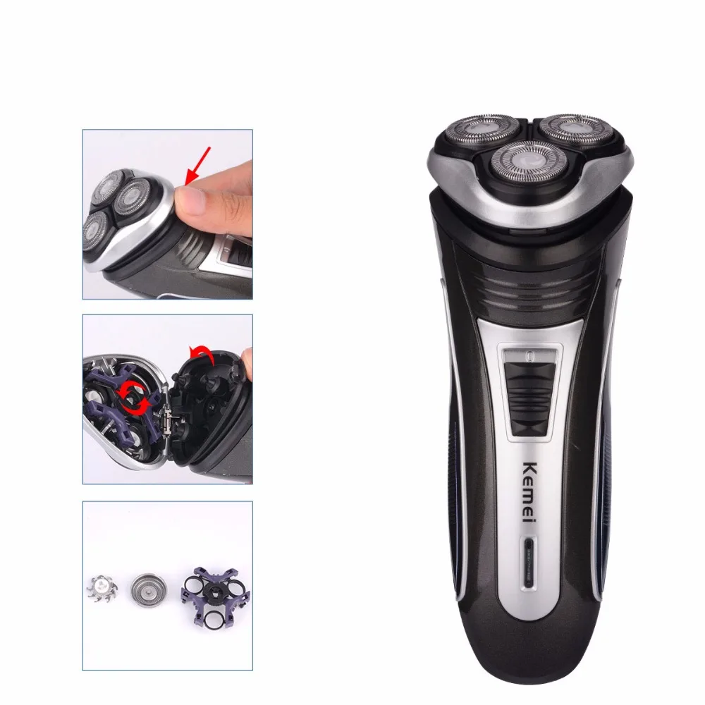 spesifikasi Kemei Electric Rambut Clipper Pemangkas Rambut Isi Ulang Alat Cukur Listrik Triple Blade 3D Rambut Mengambang untuk Pria Mencukur Pisau Cukur