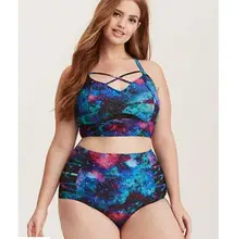  Plus Size Tankini Women High Waist Starry Galaxy Swimwear Strappy Neck Detail Two Piece Swimsuit Bath Suit Larger Size 4XL 