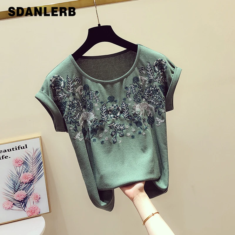 

2019 Summer Retroembroidered Tshirt Women New Korean Round Collar Curly Cuff Short-sleeved T-shirt Casual Shirts Lady Tops Femme