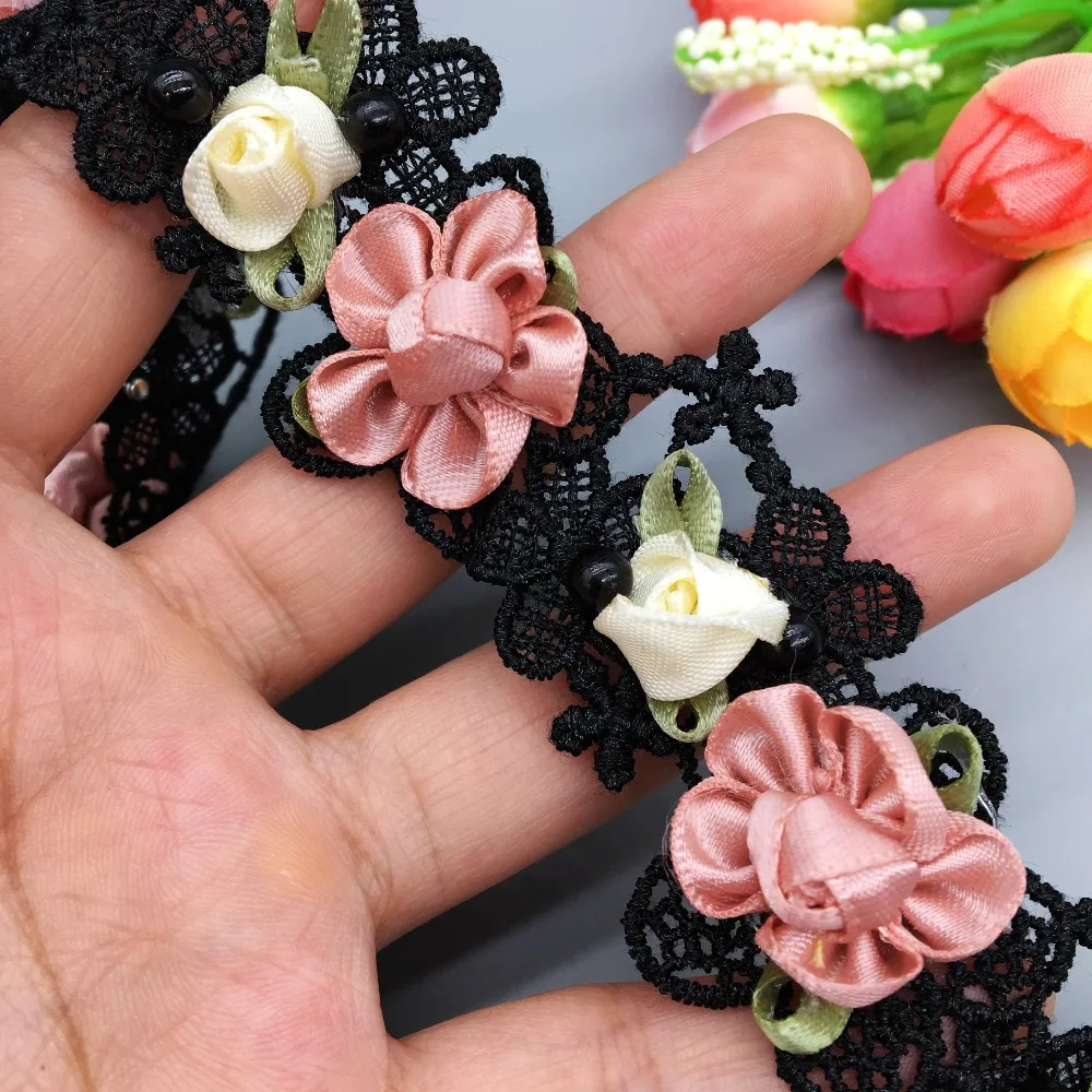 Elegant Rose Pearl Beaded Lace Trim Ribbon