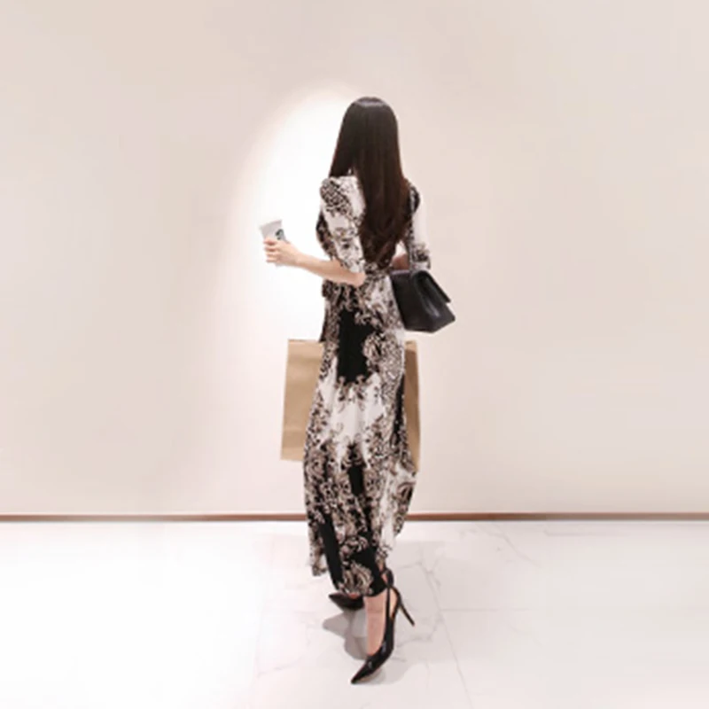 Летнее винтажное платье с v-образным вырезом и коротким рукавом, длиной до щиколотки, с высокой талией, с принтом, повседневное Длинное Платье Макси