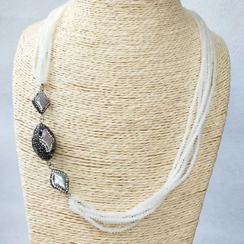 

3 Strands Bohemia style white artificial crystal beads with rhombus pearl beads newly 6 rows long necklace for Women NK352