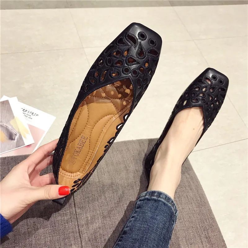 

korean women all match shallow single shoes summer square toe hollow hole loafers comfy flats soft soled grandma moccasins plus