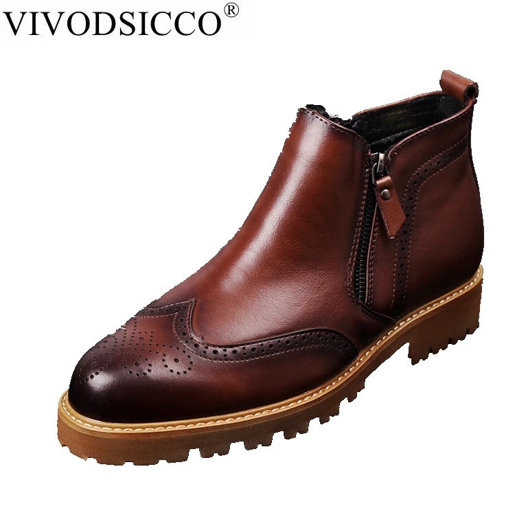 

VIVODSICCO Men Casual British Style Fashion Ankle Boots Men Retro Bullock Carving Flower Martin Boots Pointed Toe Chelsea boots