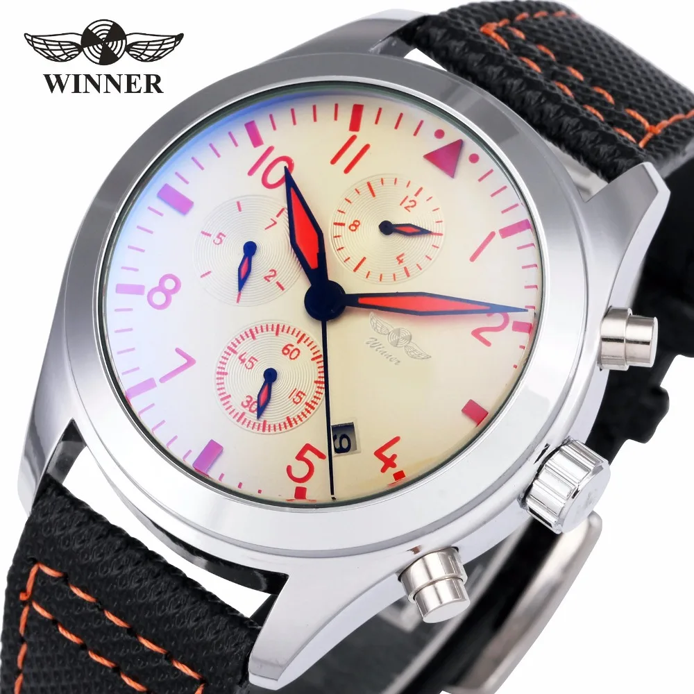 2017 WINNER Unisex Men Automatic Mechanical Watch Black Saffiano Leather Strap Sub-dial Display Date Calendar Wristwatch + Box winner men skeleton automatic mechanical watch leather strap sub dials supersize case date calendar box
