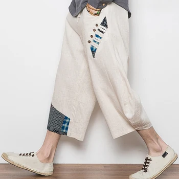 

2018 Summer New Men's Loose Linen Chinese Style Casual Calf-Length Pants Large Size Big Crotch Spliced Trousers Drawstring