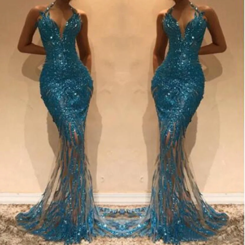 

Shining Mermaid Long Evening Party Dresses 2019 Sequin Beaded V Neck Floor Length Pageant Prom Formal Dress Robe De Soiree