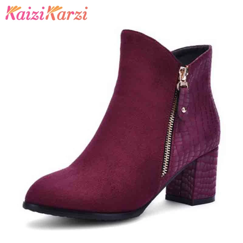 

KaiziKarzi Size 30-45 Sexy Women Ankle Boots Zipper High Heel Boots Warm Shoes Women Thick Heel Boots Short Botas Women Footwear