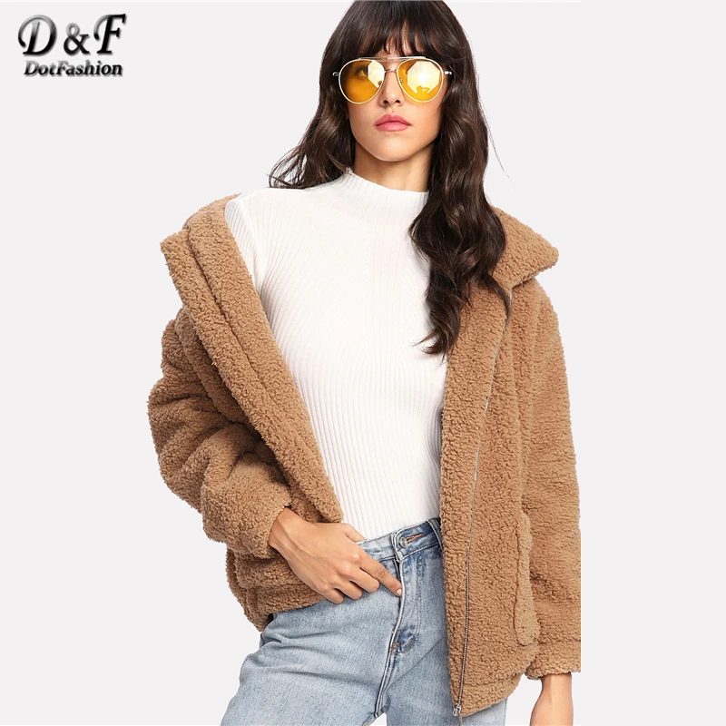 

Dotfashion Dual Pocket Faux Fur Khaki Jacket Female Fall Winter New Style Zipper Collar Long Sleeve Preppy Acrylic Coat