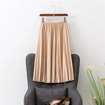 

2019 New Spring Summer Woman High Waist Solid Pleated Skirt Korean Edition Elastic Waist A Line Midi Skirt Elegant Casual Skirt