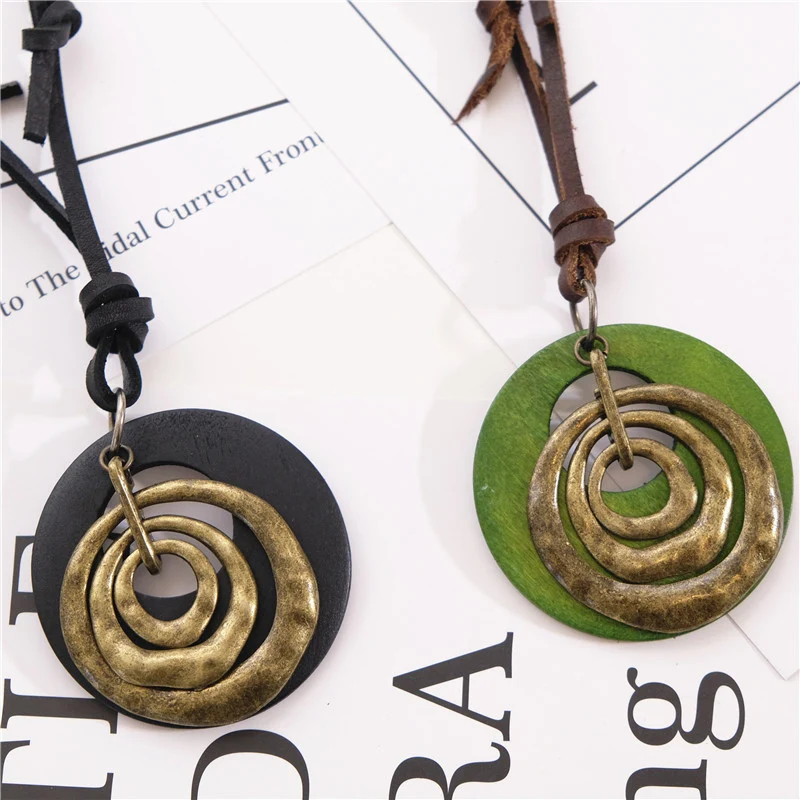 NIUYITID бронзовые геометрические круглые подвески и ожерелья, коричневые деревянные аксессуары для женщин и мужчин, винтажное ожерелье из натуральной кожи