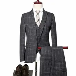 Модные Для Мужчин's Повседневное бутик Бизнес платье в клетку костюм/мужской Slim Костюмы Блейзер куртка брюки жилет комплект