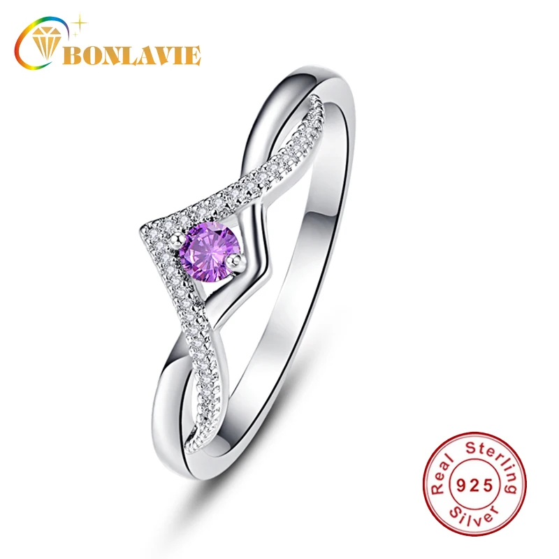 

BONLAVIE 100% 925 Sterling Silver Water Droplet Clear Purple CZ Finger Rings for Women Wedding Jewelry Girlfriend New Year Gift