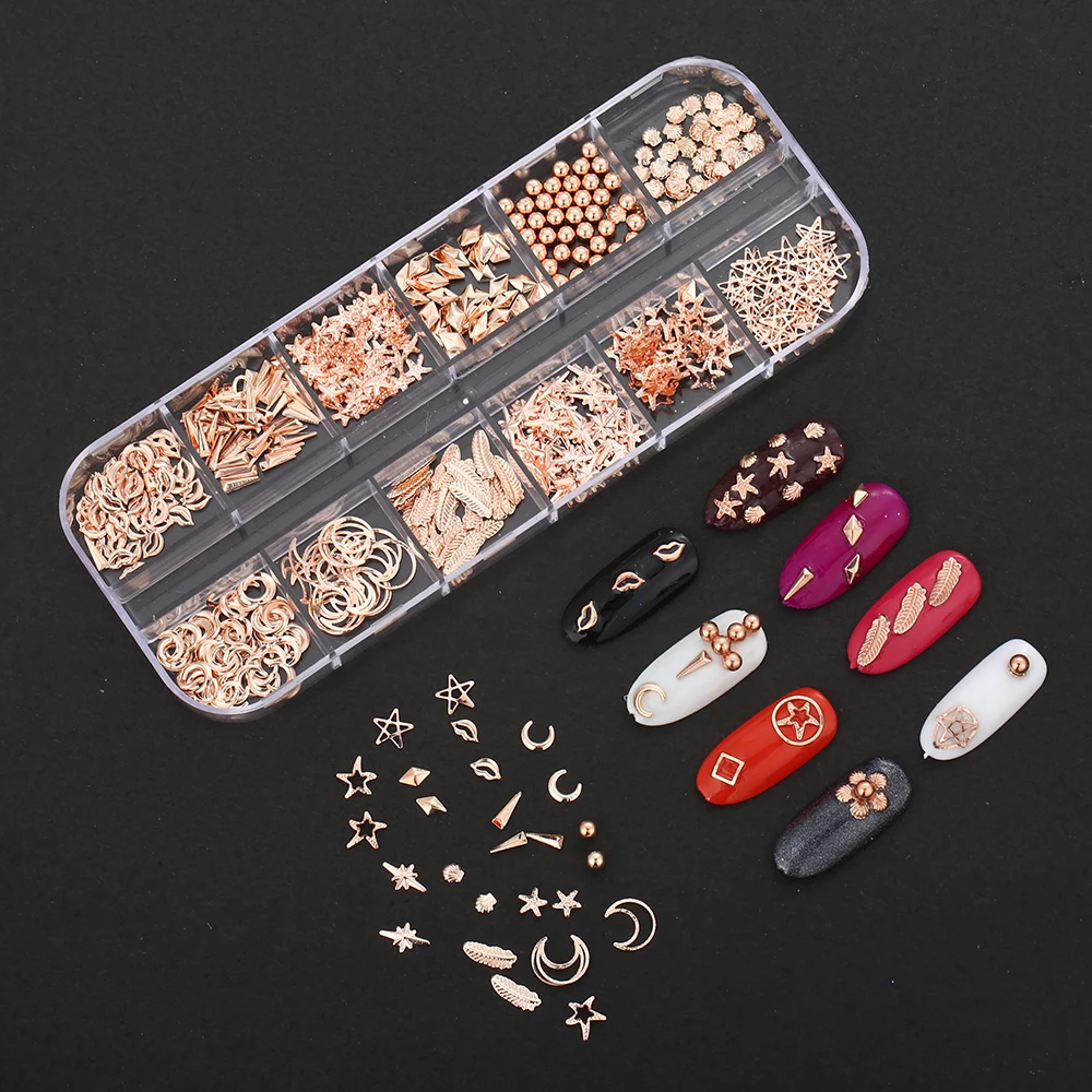 

Blueness 12style/box Beauty 3D Nail Art Decoration Gold Alloy Model Glitter Charm For Manicure Art Design Nails Tools
