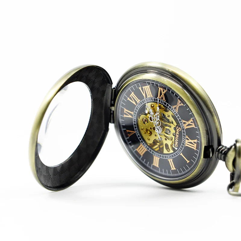 Модные Роскошные Бронзовые римские цифры Автоматические Механические карманные часы для мужчин и женщин брелок цепочка подарок PJX1302