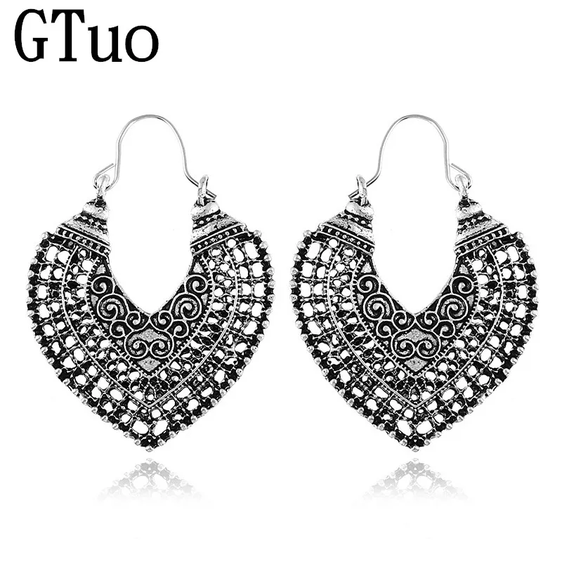 

Bohemian Vintage Heart Round Flower Drop Earrings for Women India Geometric Silver Europe and America Fashion Statement Earring