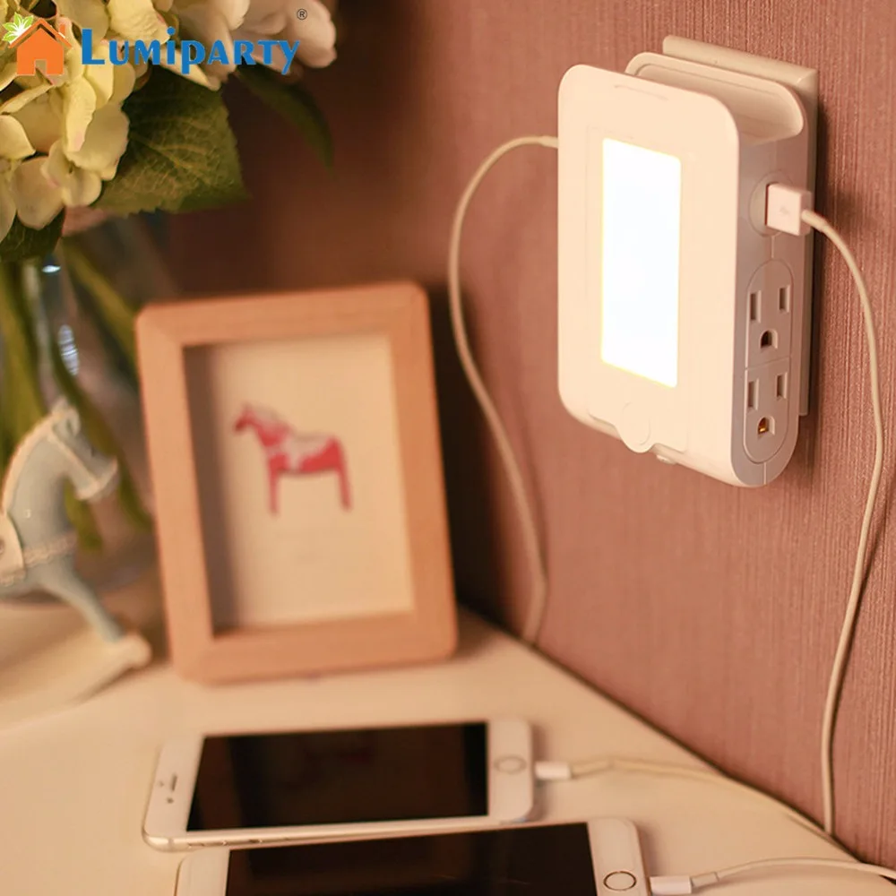 

LumiParty LED Night Light Wall Mount Charger Versatile Power Station Outlet Light-sensor Socket with USB Charging