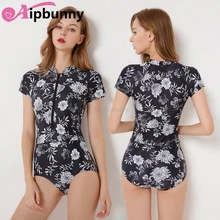 Женский купальник бикини с коротким рукавом и высоким воротом, Цельный купальник, цветочный принт, рашгарды, пляжная одежда для купания, бикини для девочек