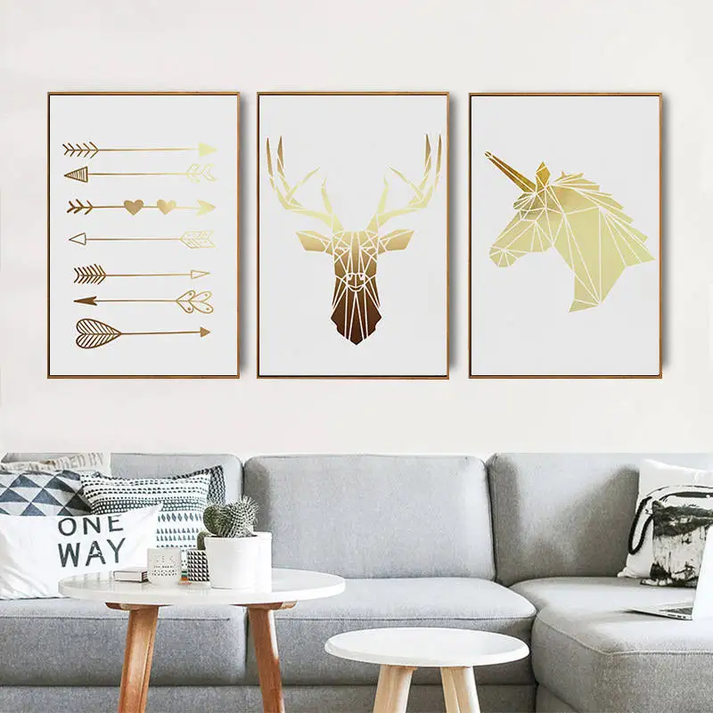 Minimalist Fascinating Canvas Poster Golden Sketch Of Deer Horse Arrows Unframed Painting Wall Art Print For Home Room Decor