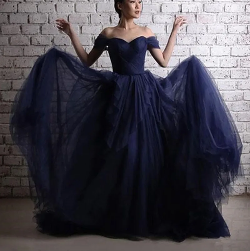 Dark blue same image Темно-синий длинный тюлевый Выпускной платье с открытыми плечами, вечернее платье вечерние платья - Цвет: Dark blue same image