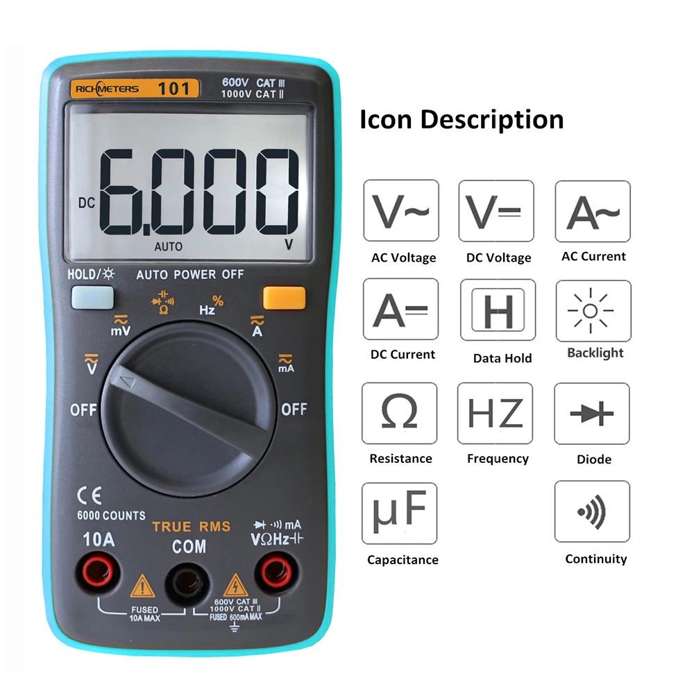 RICHMETERS RM102 Цифровой мультиметр 6000 отсчетов DC/вольтметр-Амперметр AC Ohm Сопротивление CapacitanceTemperature метр