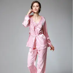 Пижама женская шелковая 3 шт. костюм 2019 весна пижамы Пижама шелковая Домашняя одежда вышивка сна Lounge Pyjama