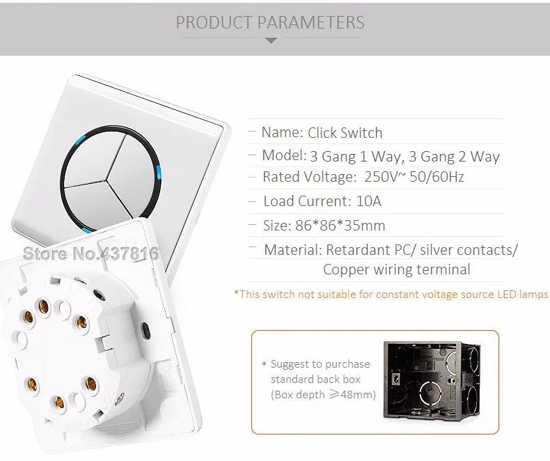 Us 17 0 High Quality Click Switch 3 Gang 1 Way 2 Way Light Wall Switch Led Indicator Pressure Switch Push Button Switch Free Shipping 3 Gang Way