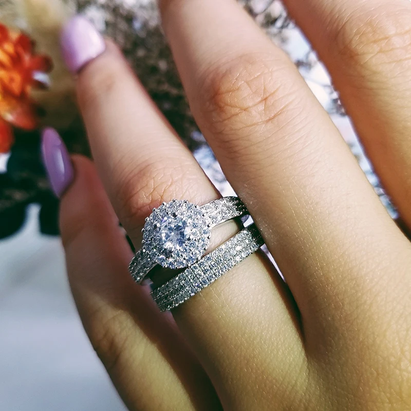 925 Sterling silver wedding Rings set 3 in 1 band ring for Women engagement bridal fashion jewelry finger moonso R4629