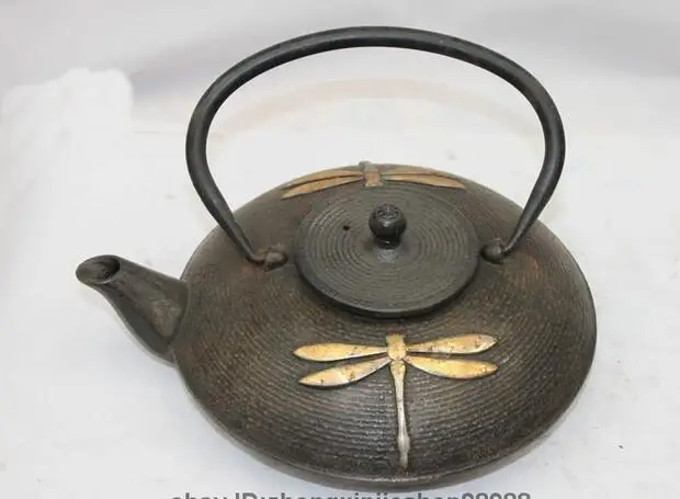 

Archaic Japan Japanese Iron Gild Two Dragonfly Flagon Kettle Wine Tea Pot