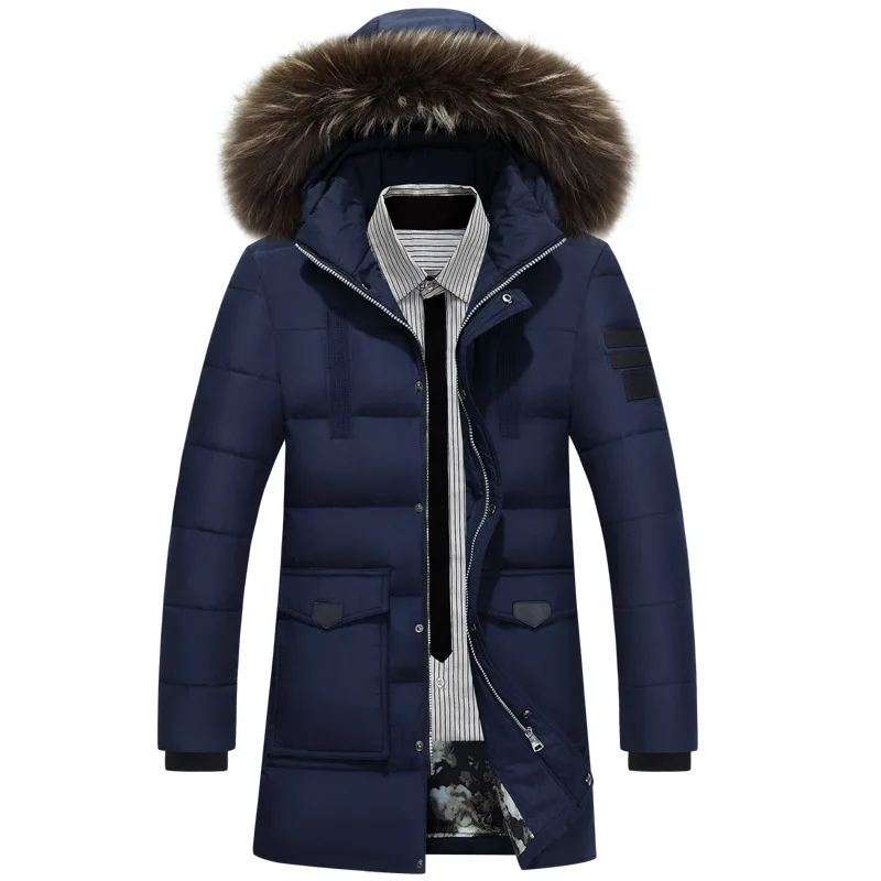 Толстые длинные зимние куртки для мужчин, белый пуховик с меховым капюшоном, Мужская парка высокого качества, сохраняющая тепло, ветронепроницаемые пальто, мужская верхняя одежда, JK-686 - Цвет: Dark Blue