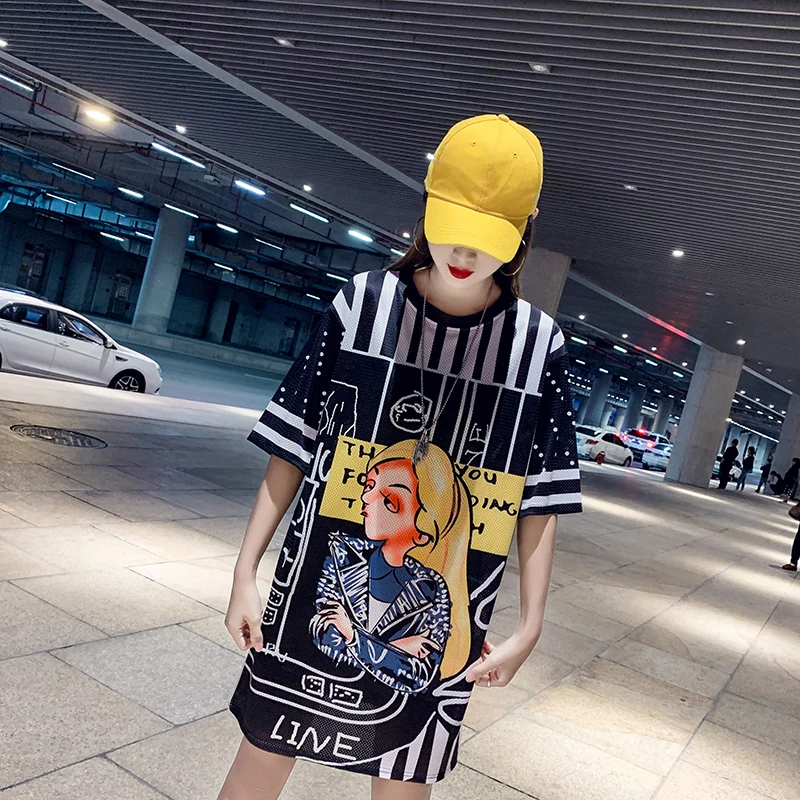Summer short-sleeved dress female 2019 spring and summer new girl print mesh T-shirt long section quick-drying ice silk | Женская одежда