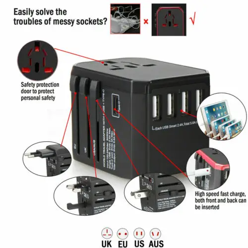 Универсальный во всем мире дорожная вилка адаптера зарядного устройства 4USB International UK USA EU AU Австралийский Мощность штекер 4D11