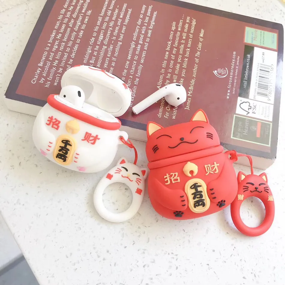 Для AirPods чехол 3D милые с изображением из мультфильма Lucky Cat наушники чехол для Airpods 2/i10/i11TWS Мягкий защитный чехол для телефона с кольцевым ремень