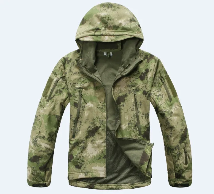 Стелс Акула кожа Военная уличная куртка мужская Спортивная флисовая водонепроницаемая охотничья одежда тактическая камуфляжная армейская куртка с капюшоном - Цвет: Green Camouflage