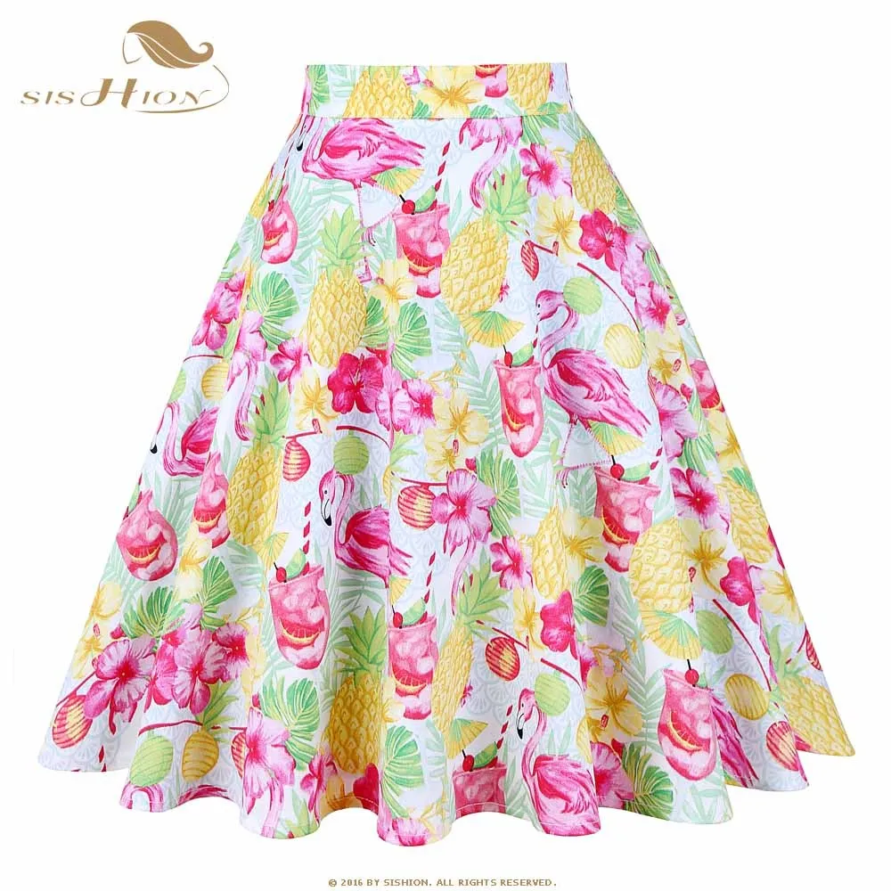 

50s 60s Swing Skirt Flower Pineapple Flamingo Floral Print Cotton Rockabilly Retro Vintage Skirts High Waist Summer Skater Skirt