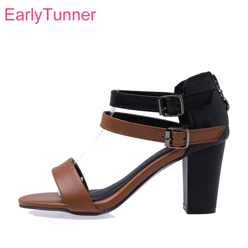 

Brand New Sales Comfortable White Brown Women Dress Sandals Sexy Lady Gladiator Shoes Chunky Heel EH913 Plus Big Size 10 33 45