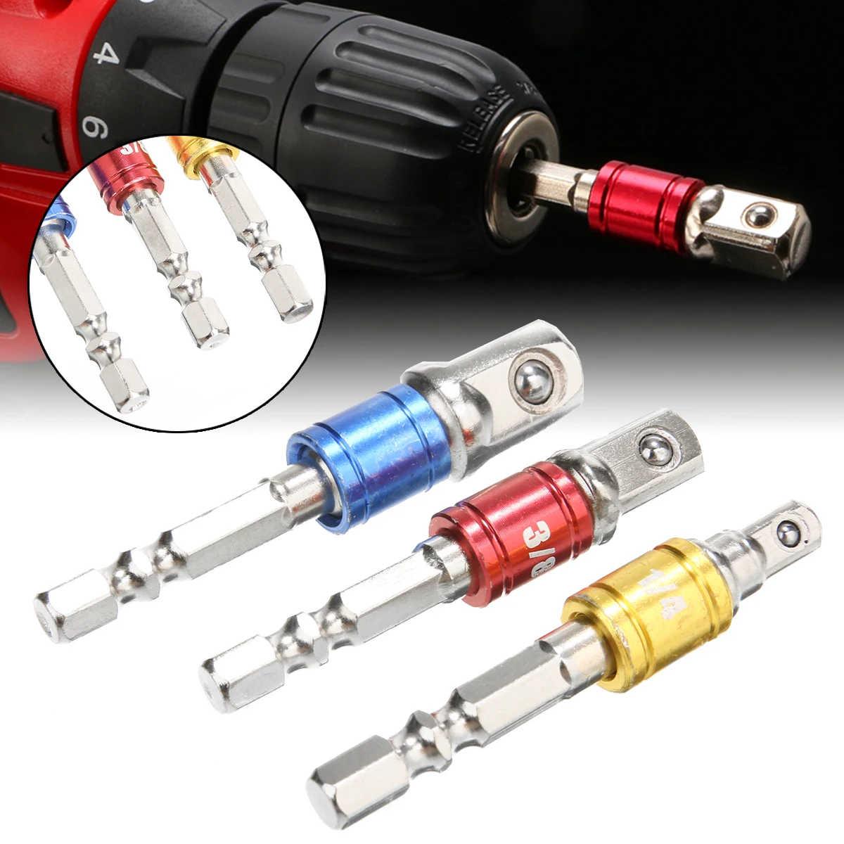 3pcs/set Steel 1/4" Shank Impact Drill Socket Adapter Converters To 1/4″ 3/8″ 1/2″ Driver Universal Sleeve Connecting Rod