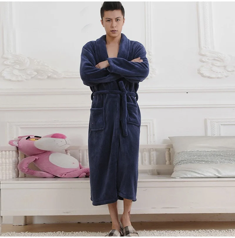 Women Men Flannel Bath Robe Sleepwear Autumn Winter Solid Plush Couple Bathrobe Thick Warm Female Robe Dropshipping