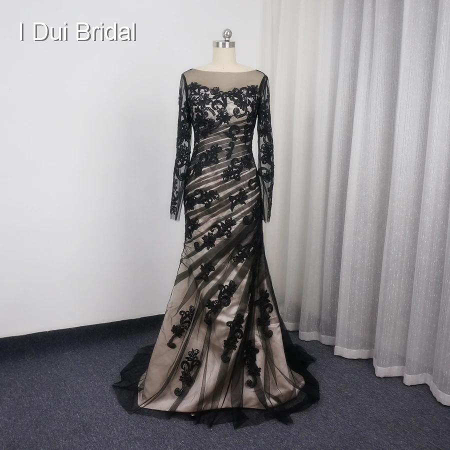 

Long Sleeve Illusion Tulle Lace Appliqued Mermaid Mother of the Bride Dresses Black Formal Dresses Real Photo M034