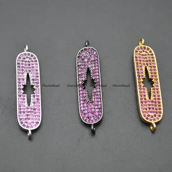 

8x32mm Paved Fushcia Color CZ Beads Rounded Square Metal Star Charm Two Loops Jewelry Connectors