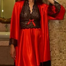 Новинка, весенний халат, ночная рубашка, комплект из двух предметов, кружевная Повседневная Свободная однотонная женская атласная шелковая ночная рубашка