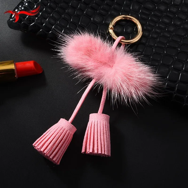 

New Real Water Mane Bow Keychain Furry Double Tassel Pendant Female Bag Hanging Wholesale key chain pompom